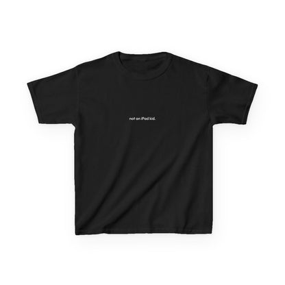 Black t-shirt with white text on a white background