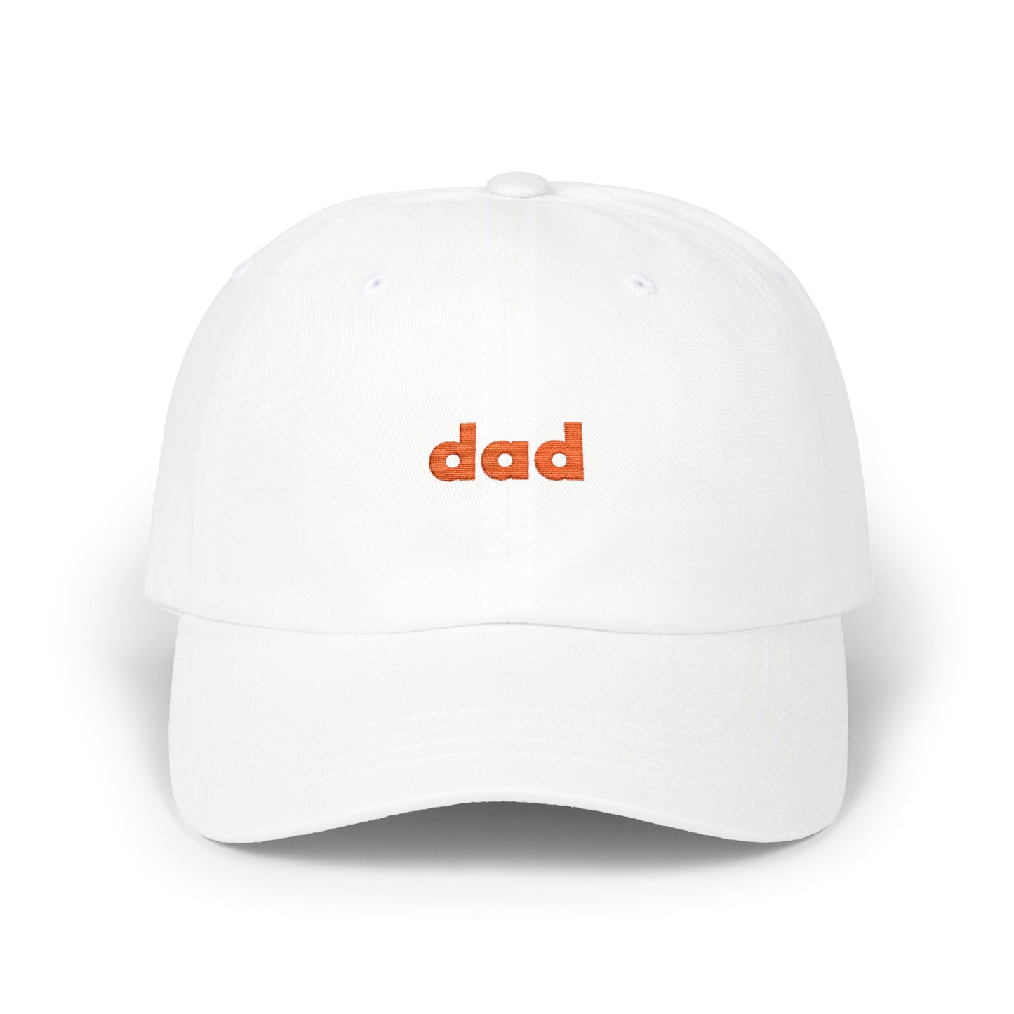 White cap with 'dad' embroidered in orange on a white background