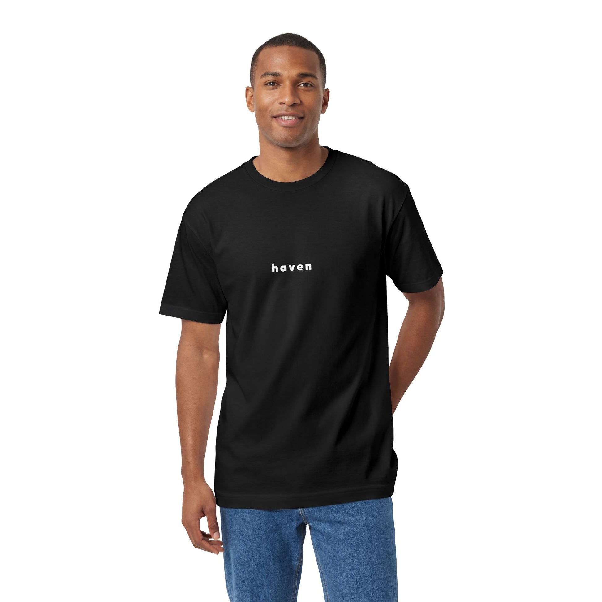 Man wearing a black t-shirt with 'KOF' logo on a white background