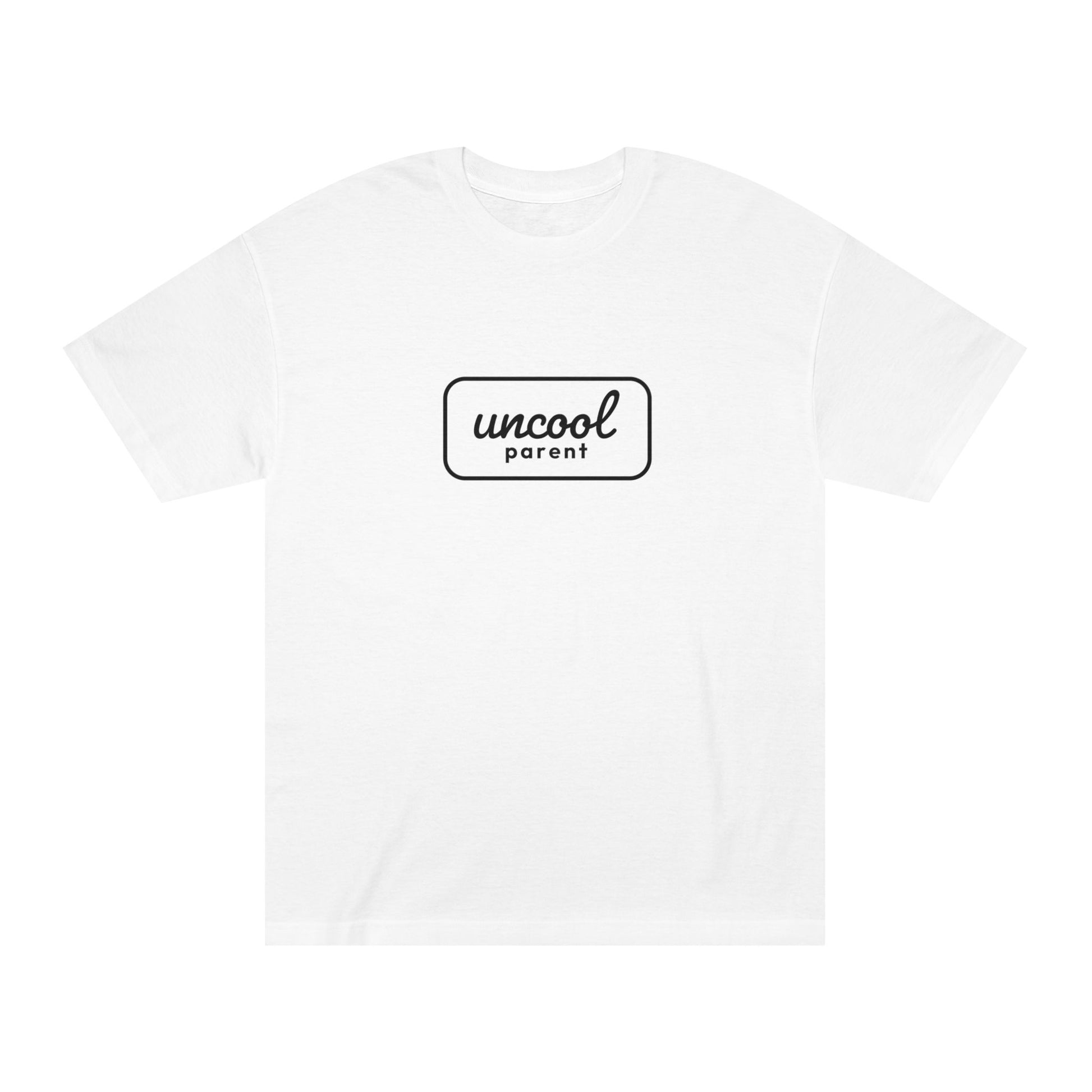 White t-shirt with 'uncool parent' text on a white background