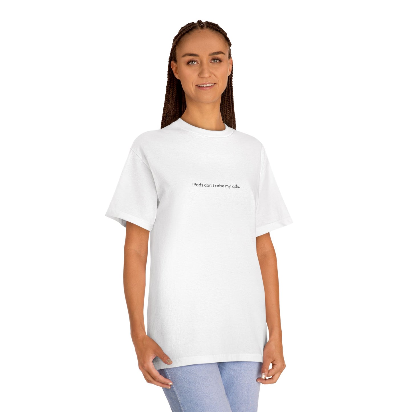 Person wearing a white t-shirt with a logo on a white background