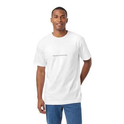 Man wearing a white t-shirt with 'American Gear Company' logo on a white background